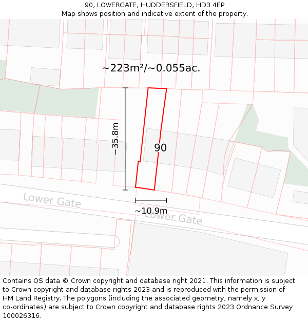 90, LOWERGATE, HUDDERSFIELD, HD3 4EP: Plot and title map