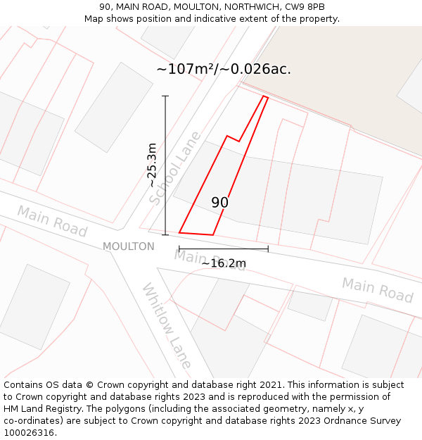 90, MAIN ROAD, MOULTON, NORTHWICH, CW9 8PB: Plot and title map