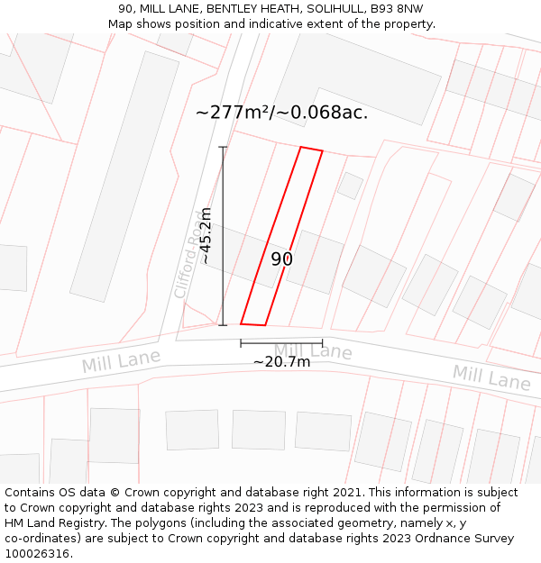 90, MILL LANE, BENTLEY HEATH, SOLIHULL, B93 8NW: Plot and title map