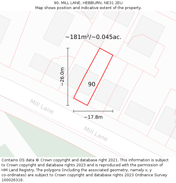 90, MILL LANE, HEBBURN, NE31 2EU: Plot and title map