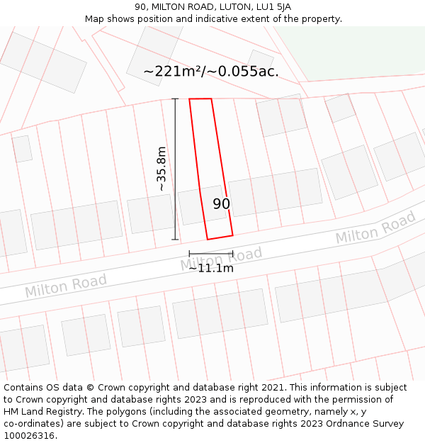 90, MILTON ROAD, LUTON, LU1 5JA: Plot and title map