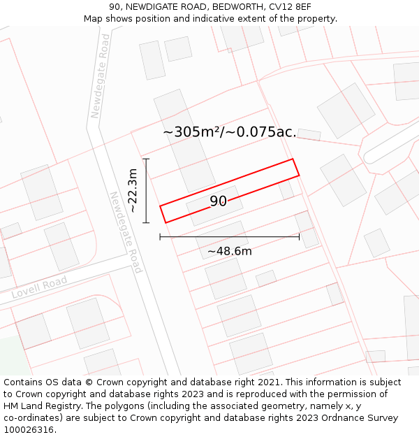 90, NEWDIGATE ROAD, BEDWORTH, CV12 8EF: Plot and title map