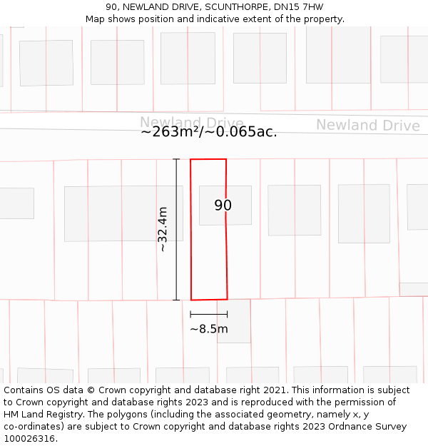 90, NEWLAND DRIVE, SCUNTHORPE, DN15 7HW: Plot and title map