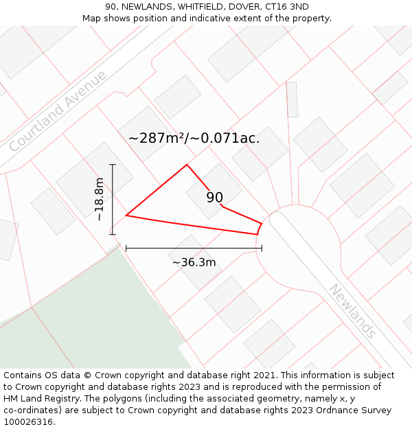 90, NEWLANDS, WHITFIELD, DOVER, CT16 3ND: Plot and title map