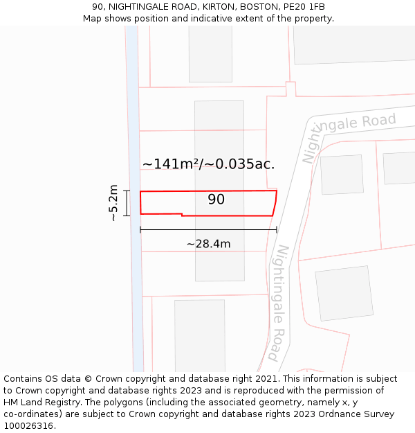 90, NIGHTINGALE ROAD, KIRTON, BOSTON, PE20 1FB: Plot and title map