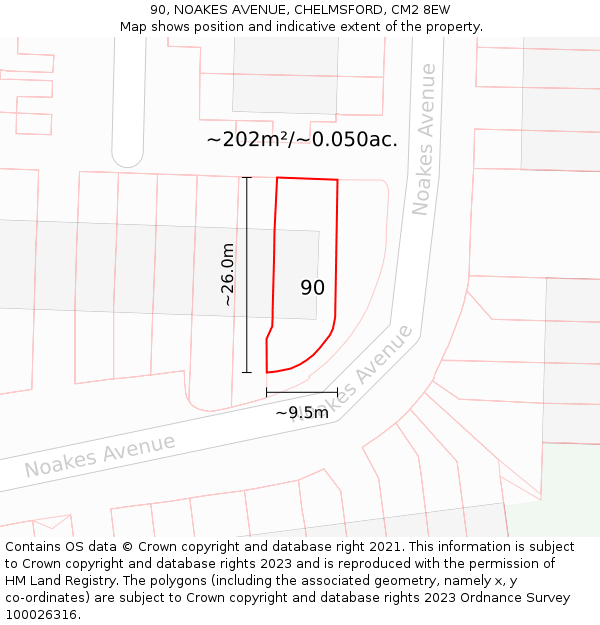90, NOAKES AVENUE, CHELMSFORD, CM2 8EW: Plot and title map