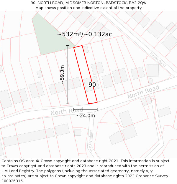 90, NORTH ROAD, MIDSOMER NORTON, RADSTOCK, BA3 2QW: Plot and title map
