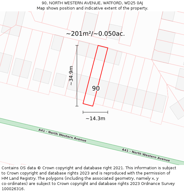 90, NORTH WESTERN AVENUE, WATFORD, WD25 0AJ: Plot and title map