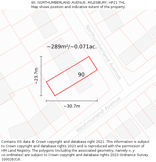 90, NORTHUMBERLAND AVENUE, AYLESBURY, HP21 7HL: Plot and title map
