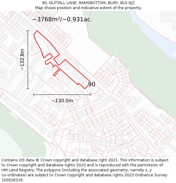 90, NUTTALL LANE, RAMSBOTTOM, BURY, BL0 9JZ: Plot and title map