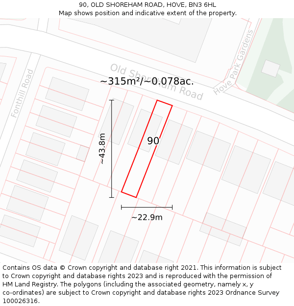 90, OLD SHOREHAM ROAD, HOVE, BN3 6HL: Plot and title map