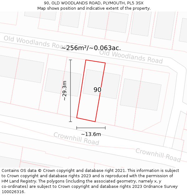90, OLD WOODLANDS ROAD, PLYMOUTH, PL5 3SX: Plot and title map