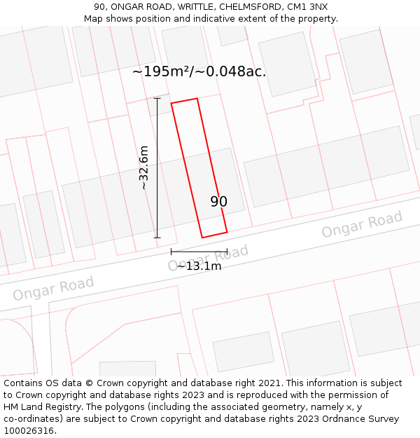 90, ONGAR ROAD, WRITTLE, CHELMSFORD, CM1 3NX: Plot and title map