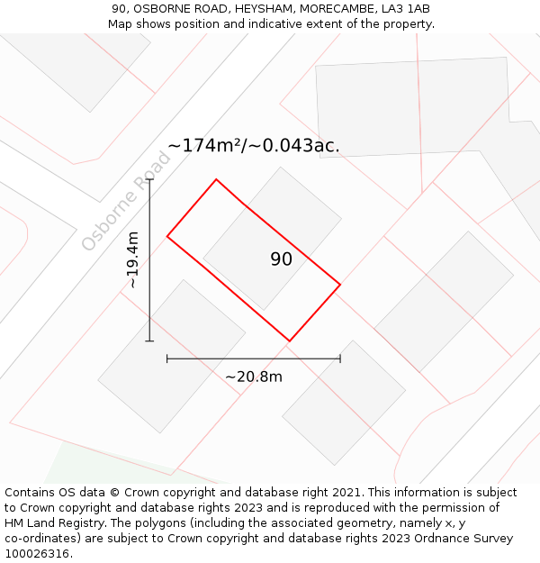 90, OSBORNE ROAD, HEYSHAM, MORECAMBE, LA3 1AB: Plot and title map