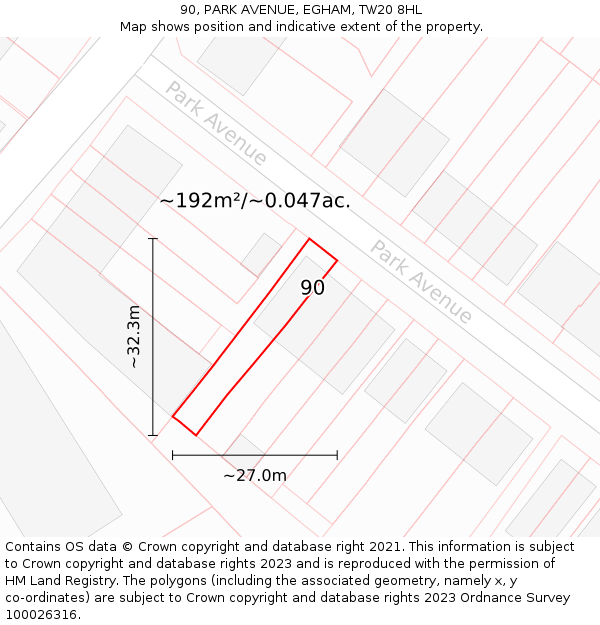 90, PARK AVENUE, EGHAM, TW20 8HL: Plot and title map