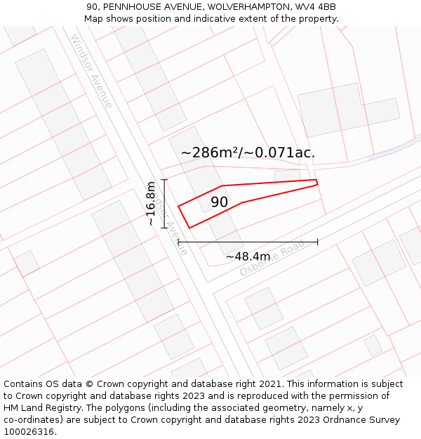 90, PENNHOUSE AVENUE, WOLVERHAMPTON, WV4 4BB: Plot and title map