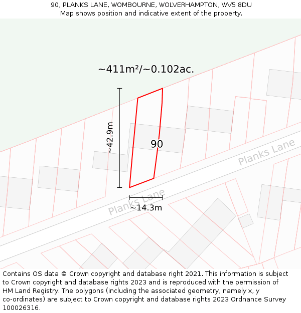 90, PLANKS LANE, WOMBOURNE, WOLVERHAMPTON, WV5 8DU: Plot and title map