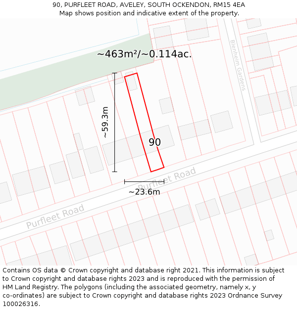 90, PURFLEET ROAD, AVELEY, SOUTH OCKENDON, RM15 4EA: Plot and title map