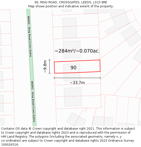 90, RING ROAD, CROSSGATES, LEEDS, LS15 8RE: Plot and title map