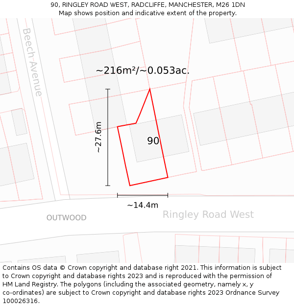 90, RINGLEY ROAD WEST, RADCLIFFE, MANCHESTER, M26 1DN: Plot and title map