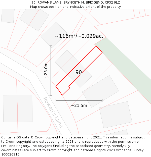 90, ROWANS LANE, BRYNCETHIN, BRIDGEND, CF32 9LZ: Plot and title map