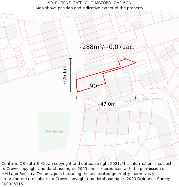 90, RUBENS GATE, CHELMSFORD, CM1 6GN: Plot and title map