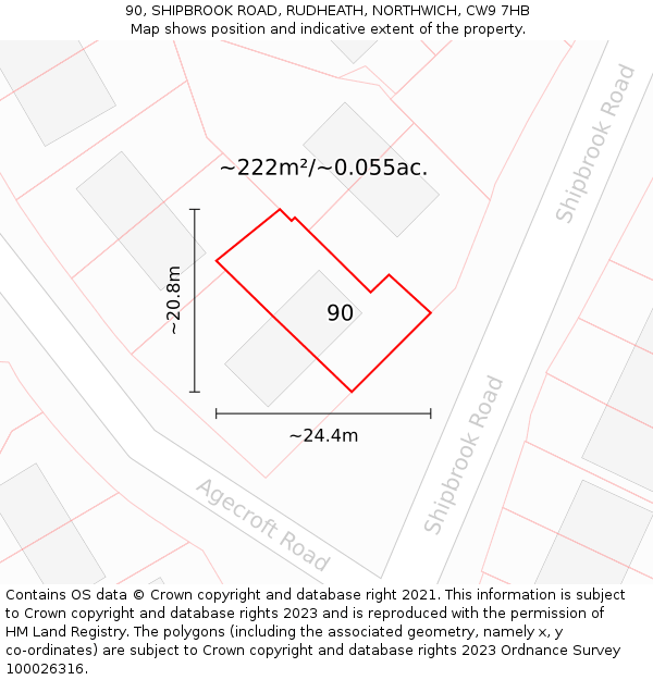 90, SHIPBROOK ROAD, RUDHEATH, NORTHWICH, CW9 7HB: Plot and title map