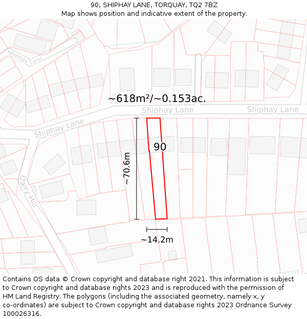 90, SHIPHAY LANE, TORQUAY, TQ2 7BZ: Plot and title map