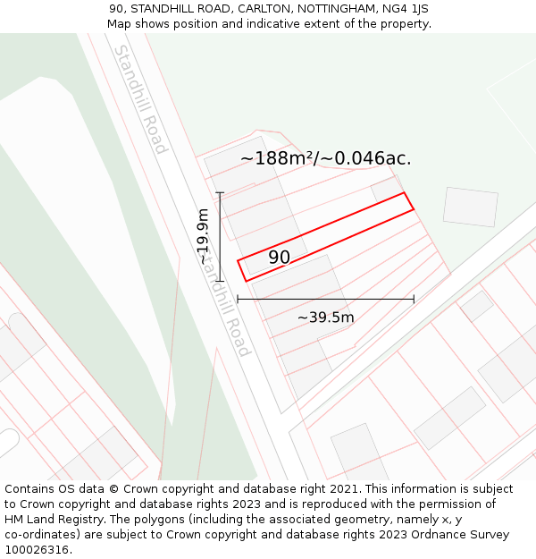 90, STANDHILL ROAD, CARLTON, NOTTINGHAM, NG4 1JS: Plot and title map