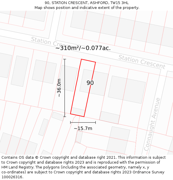 90, STATION CRESCENT, ASHFORD, TW15 3HL: Plot and title map