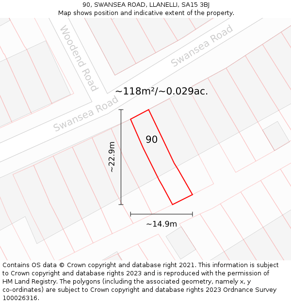 90, SWANSEA ROAD, LLANELLI, SA15 3BJ: Plot and title map