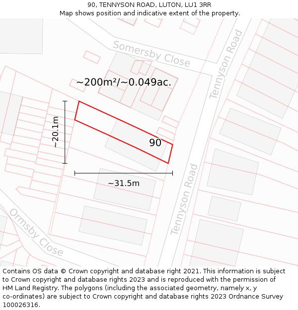 90, TENNYSON ROAD, LUTON, LU1 3RR: Plot and title map