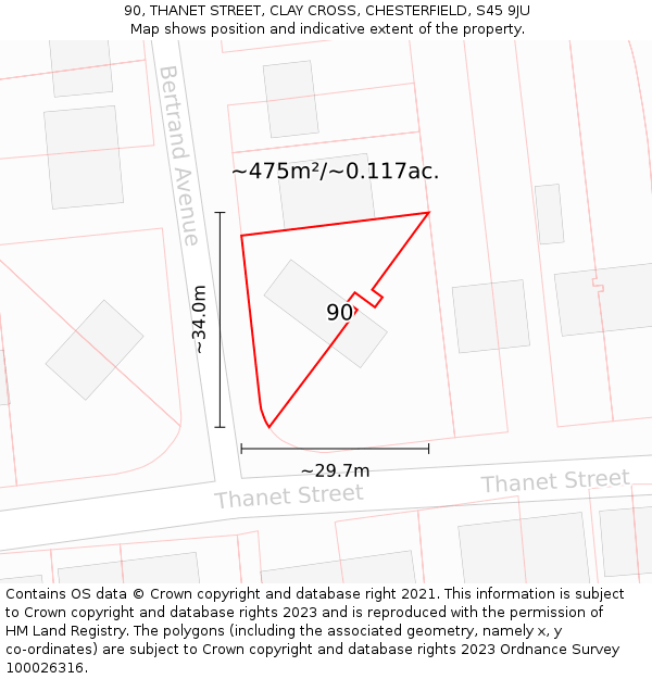 90, THANET STREET, CLAY CROSS, CHESTERFIELD, S45 9JU: Plot and title map