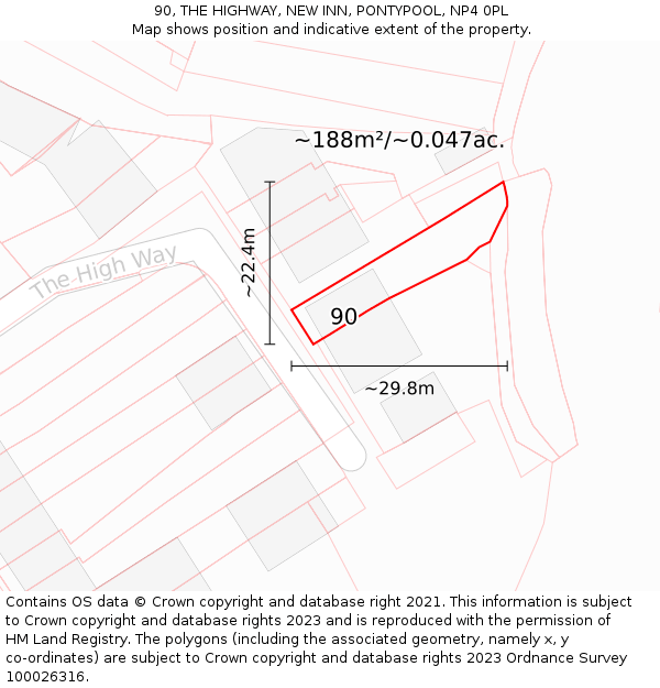 90, THE HIGHWAY, NEW INN, PONTYPOOL, NP4 0PL: Plot and title map