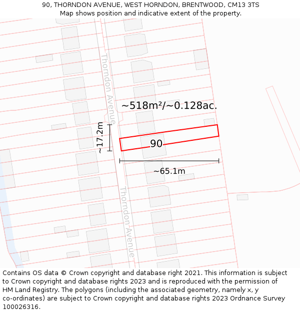 90, THORNDON AVENUE, WEST HORNDON, BRENTWOOD, CM13 3TS: Plot and title map