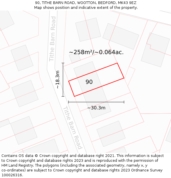 90, TITHE BARN ROAD, WOOTTON, BEDFORD, MK43 9EZ: Plot and title map