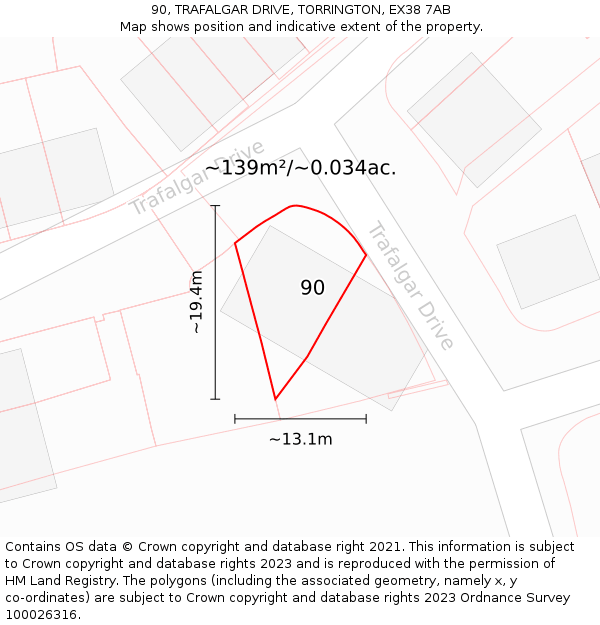 90, TRAFALGAR DRIVE, TORRINGTON, EX38 7AB: Plot and title map