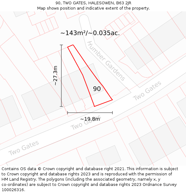 90, TWO GATES, HALESOWEN, B63 2JR: Plot and title map