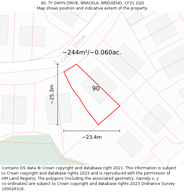 90, TY GWYN DRIVE, BRACKLA, BRIDGEND, CF31 2QG: Plot and title map