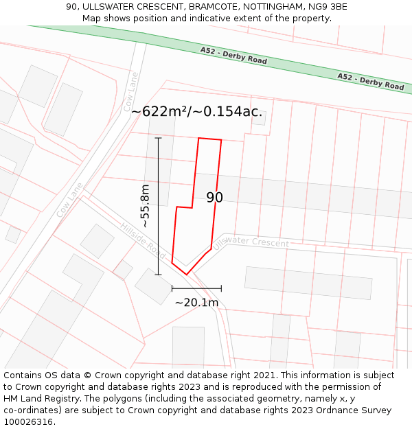 90, ULLSWATER CRESCENT, BRAMCOTE, NOTTINGHAM, NG9 3BE: Plot and title map