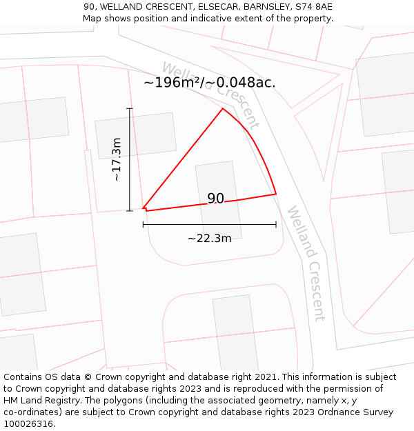 90, WELLAND CRESCENT, ELSECAR, BARNSLEY, S74 8AE: Plot and title map