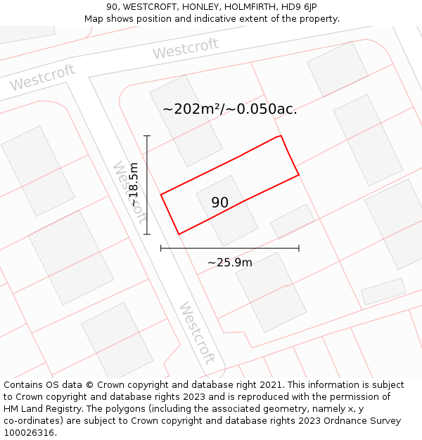 90, WESTCROFT, HONLEY, HOLMFIRTH, HD9 6JP: Plot and title map