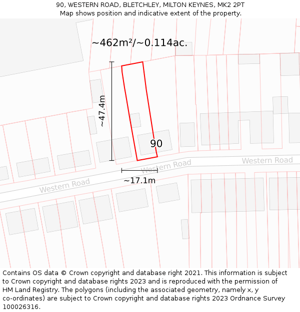 90, WESTERN ROAD, BLETCHLEY, MILTON KEYNES, MK2 2PT: Plot and title map