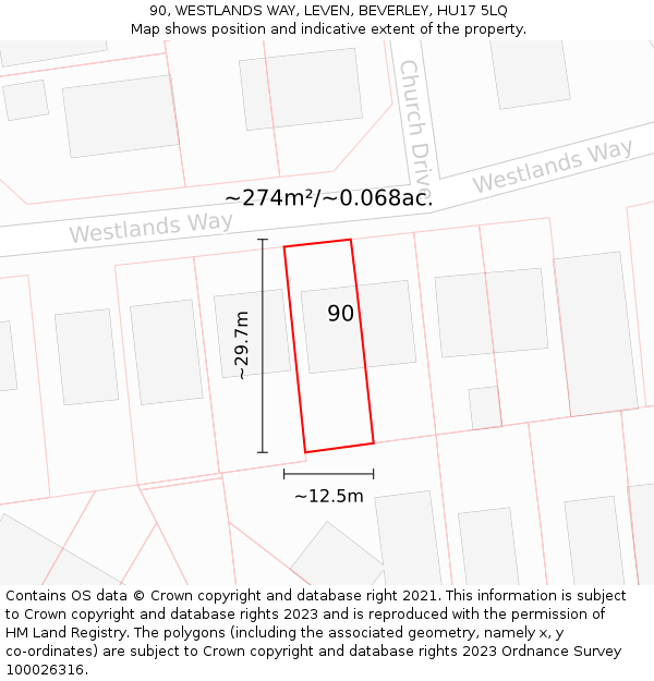 90, WESTLANDS WAY, LEVEN, BEVERLEY, HU17 5LQ: Plot and title map