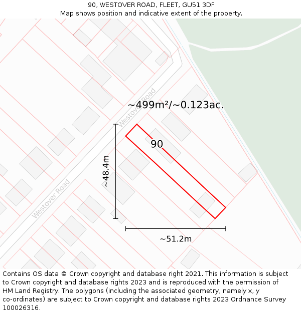 90, WESTOVER ROAD, FLEET, GU51 3DF: Plot and title map