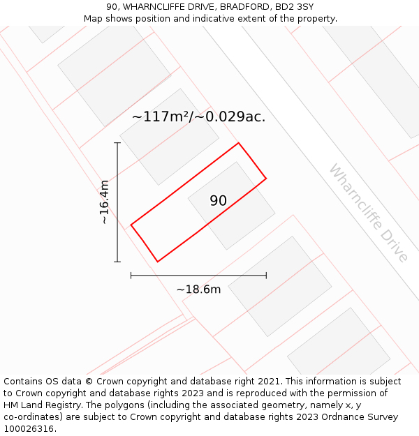 90, WHARNCLIFFE DRIVE, BRADFORD, BD2 3SY: Plot and title map
