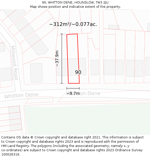90, WHITTON DENE, HOUNSLOW, TW3 2JU: Plot and title map