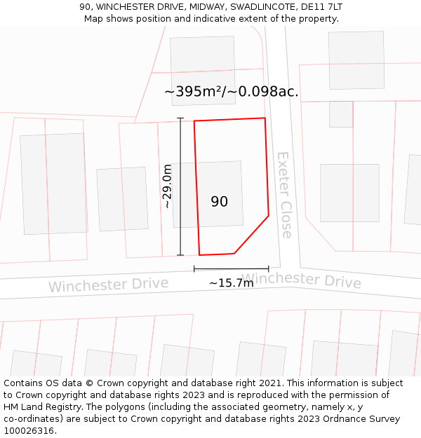90, WINCHESTER DRIVE, MIDWAY, SWADLINCOTE, DE11 7LT: Plot and title map