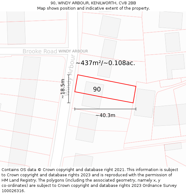 90, WINDY ARBOUR, KENILWORTH, CV8 2BB: Plot and title map