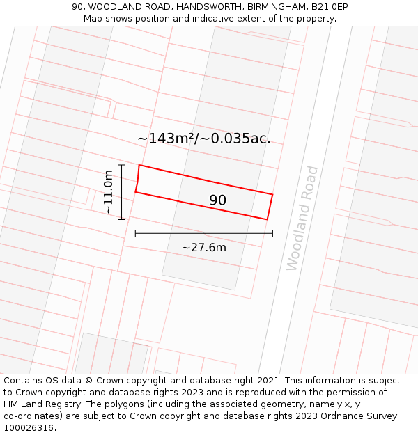 90, WOODLAND ROAD, HANDSWORTH, BIRMINGHAM, B21 0EP: Plot and title map